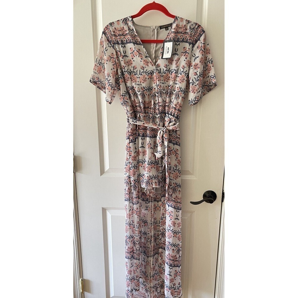 Love At First Sight Size Small Pink Blue Floral Maxi Romper Jumpsuit NWT J25